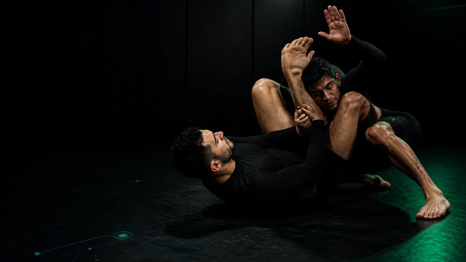 Two grapplers demonstrate a triangle choke setup slowly on an emerald and charcoal mat
